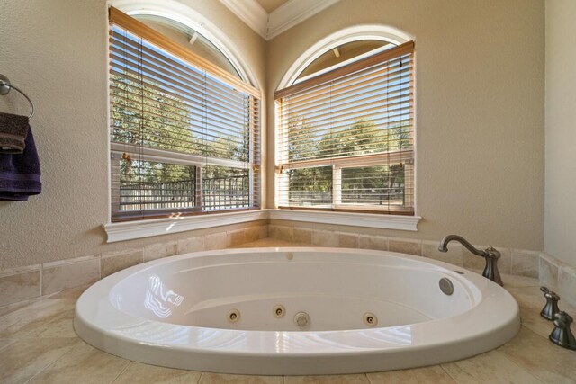 bathroom featuring ornamental molding and a tub