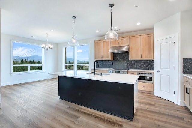 kitchen with light brown cabinetry, sink, light hardwood / wood-style floors, and a kitchen island with sink