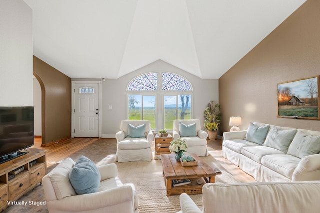 living room featuring lofted ceiling and light hardwood / wood-style flooring