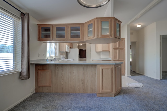 kitchen with light colored carpet, kitchen peninsula, white appliances, and a wealth of natural light