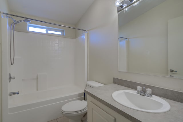 full bathroom featuring lofted ceiling, vanity, tile patterned flooring,  shower combination, and toilet