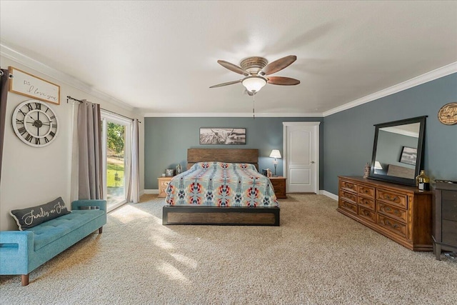 carpeted bedroom with crown molding, ceiling fan, and access to outside