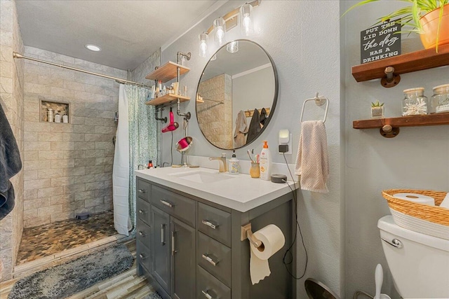 bathroom featuring walk in shower, vanity, and toilet