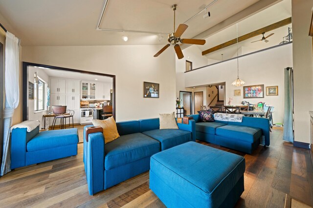 living room featuring wood-type flooring, high vaulted ceiling, and rail lighting