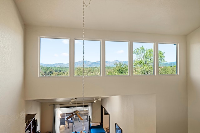 details featuring ceiling fan and a mountain view