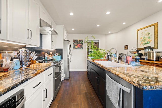 kitchen featuring range hood, sink, dark hardwood / wood-style floors, appliances with stainless steel finishes, and white cabinetry