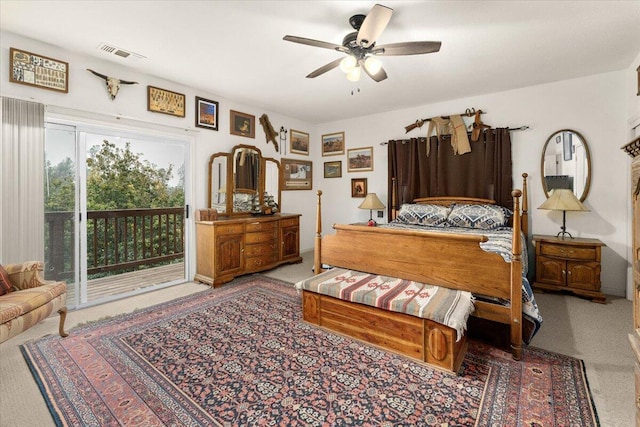 bedroom with ceiling fan, carpet floors, and access to outside