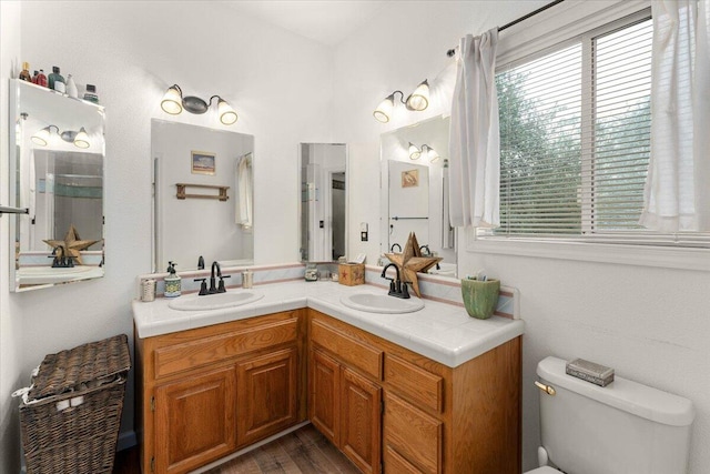 bathroom with vanity, toilet, and hardwood / wood-style flooring