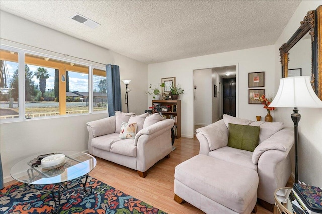 living room with a textured ceiling and light wood-type flooring