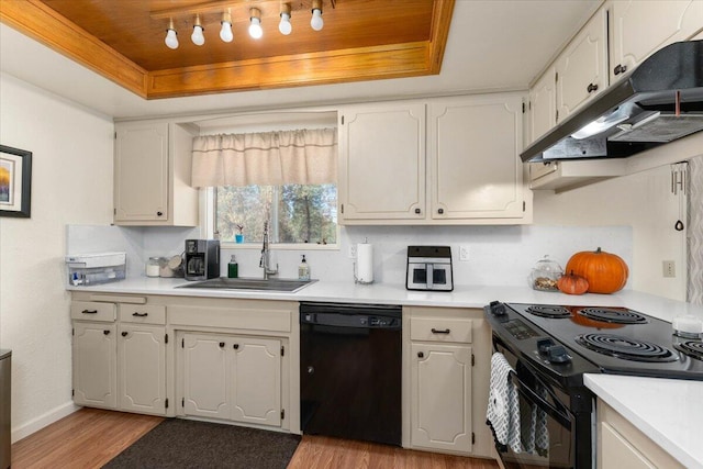 kitchen with a raised ceiling, sink, white cabinetry, and black appliances