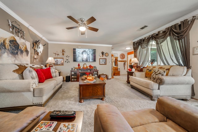 carpeted living room with crown molding and ceiling fan