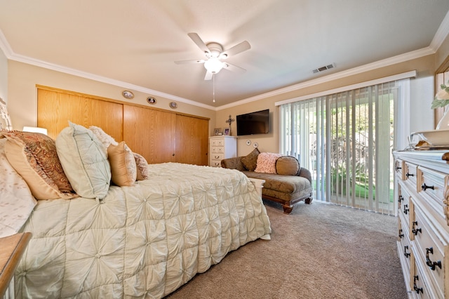 bedroom with ceiling fan, carpet floors, access to outside, and ornamental molding