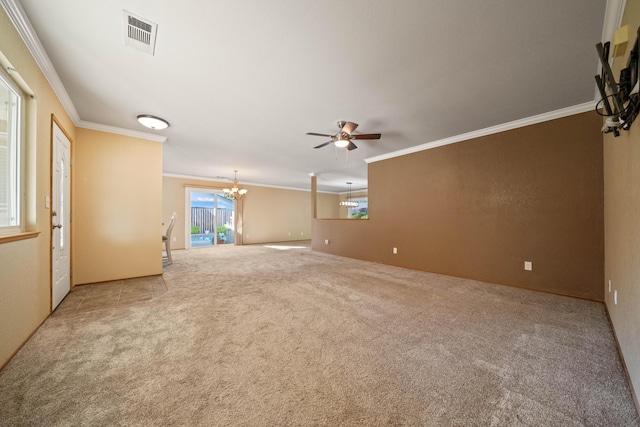 6849 Creekside St, Redding, CA 96001 - unfurnished living room featuring a chandelier, ornamental molding, carpet, a ceiling fan, and baseboards