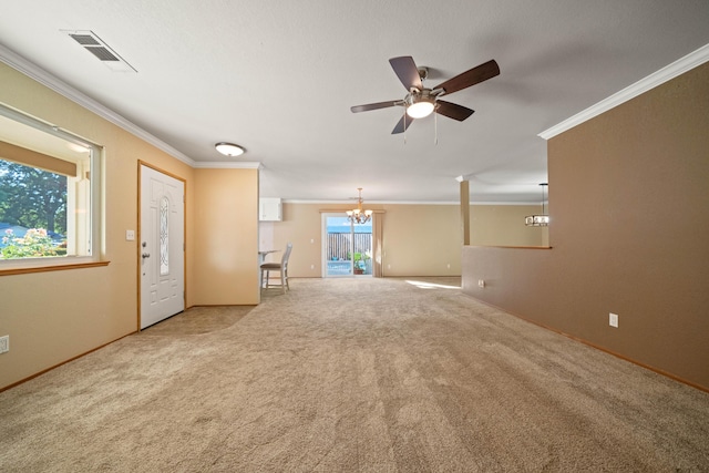 6849 Creekside St, Redding, CA 96001 - unfurnished living room with a chandelier, ceiling fan, crown molding, carpet floors, and baseboards