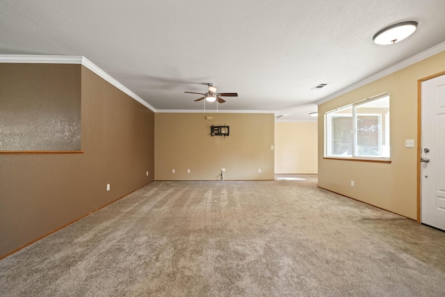 6849 Creekside St, Redding, CA 96001 - unfurnished living room featuring crown molding, ceiling fan, and carpet floors