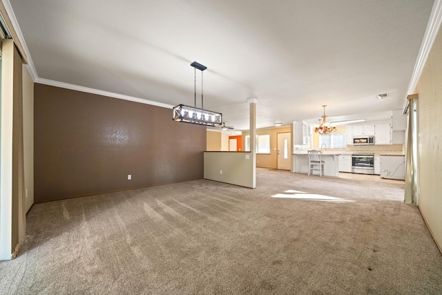 6849 Creekside St, Redding, CA 96001 - unfurnished living room with a chandelier, light colored carpet, ornamental molding, and baseboards