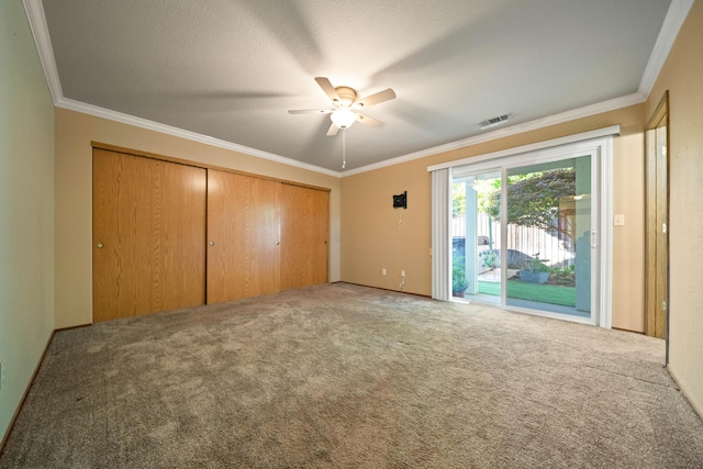 6849 Creekside St, Redding, CA 96001 - unfurnished bedroom with access to outside, ornamental molding, carpet floors, and a ceiling fan