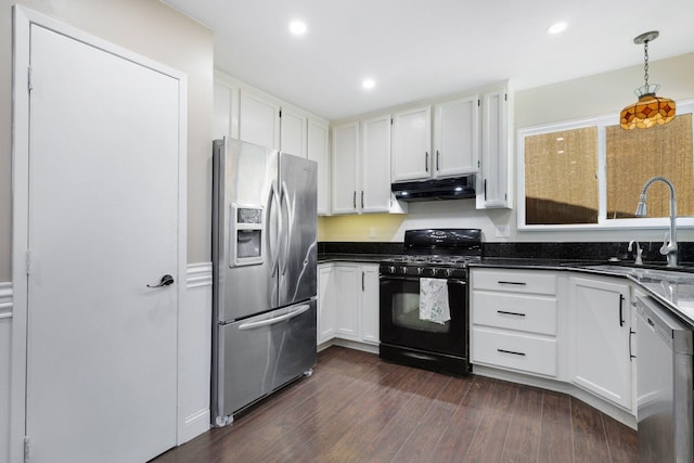 kitchen with stainless steel appliances, white cabinets, dark hardwood / wood-style flooring, and sink