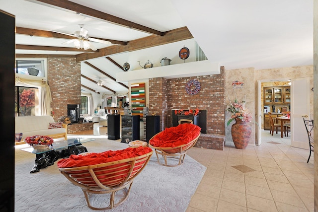 living room with vaulted ceiling with beams, ceiling fan, light tile patterned floors, a fireplace, and beverage cooler