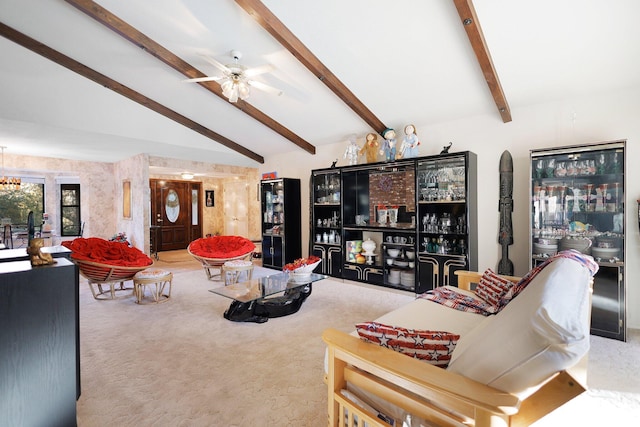 living room featuring vaulted ceiling with beams, ceiling fan, and light carpet