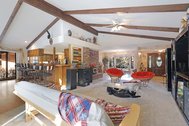 living room featuring beam ceiling, high vaulted ceiling, and ceiling fan