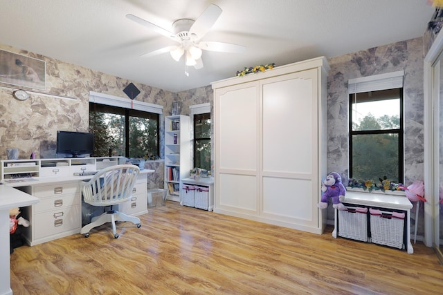 office space featuring light hardwood / wood-style flooring and ceiling fan