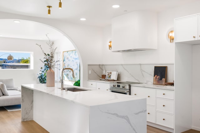 kitchen featuring light hardwood / wood-style floors, light stone countertops, sink, and white cabinets