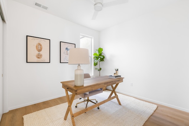 office featuring ceiling fan and light hardwood / wood-style floors