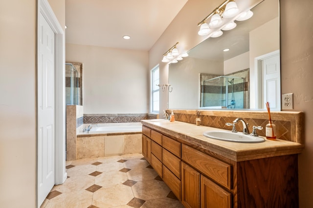 bathroom with vanity, separate shower and tub, and tile patterned floors