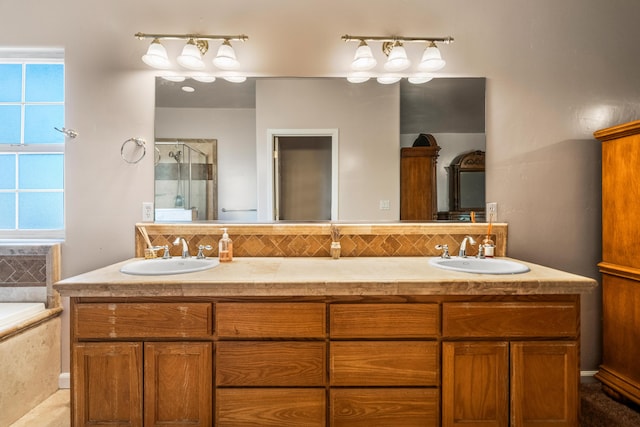 bathroom with vanity, plus walk in shower, and tasteful backsplash