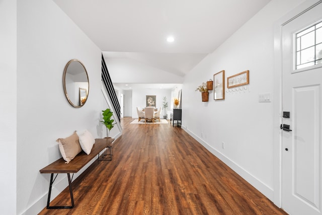 foyer entrance featuring lofted ceiling and dark wood-type flooring