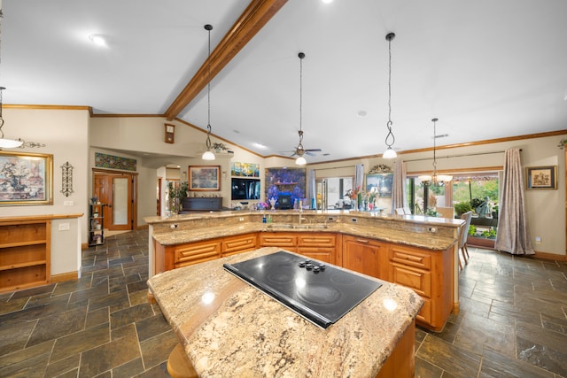 kitchen with a spacious island, beamed ceiling, black electric stovetop, and hanging light fixtures