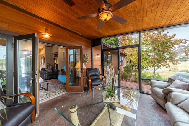 sunroom / solarium featuring wood ceiling and ceiling fan