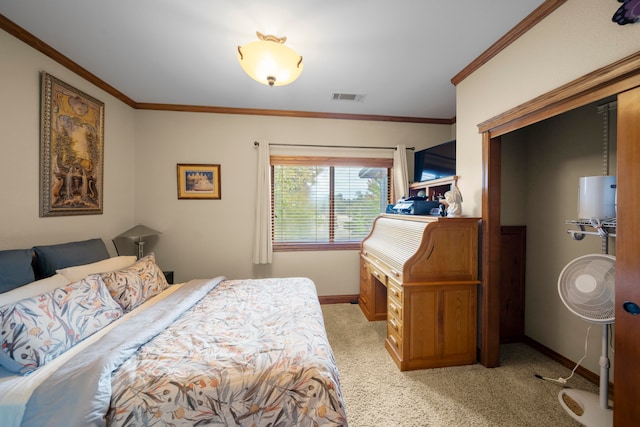 bedroom featuring light carpet and crown molding