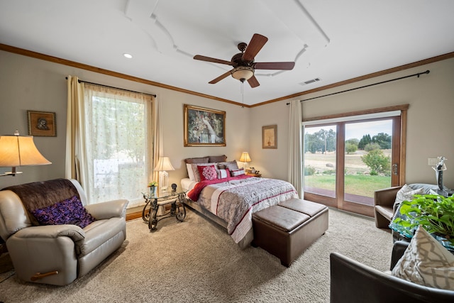 bedroom featuring access to outside, ornamental molding, carpet, and ceiling fan