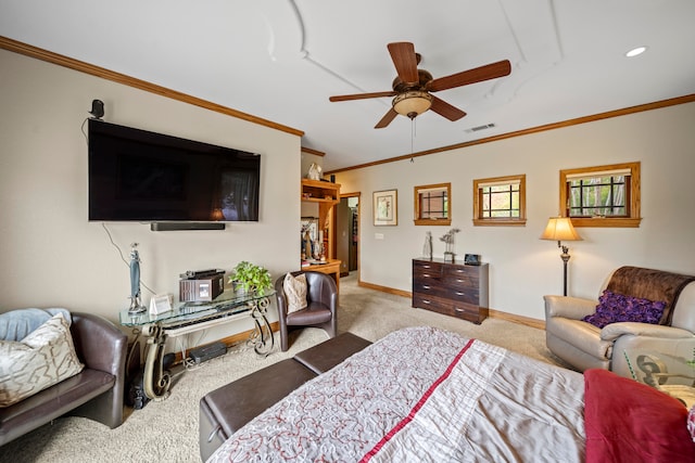 living room featuring crown molding, light colored carpet, and ceiling fan