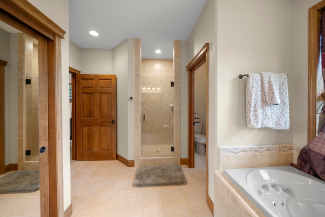 bathroom featuring independent shower and bath, toilet, and tile patterned flooring