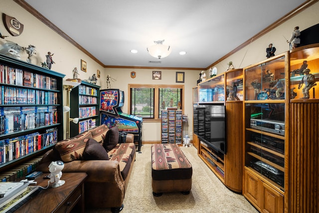 living room featuring ornamental molding and carpet floors