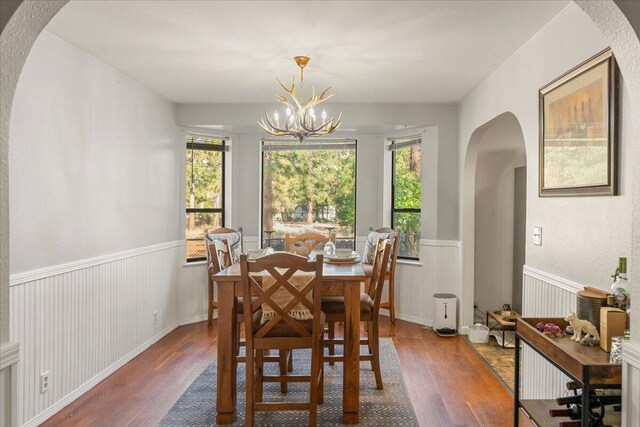 dining area with a wealth of natural light, an inviting chandelier, and dark hardwood / wood-style flooring