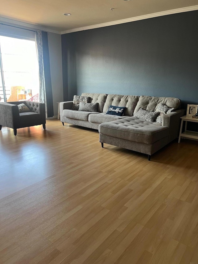 living room with light wood-type flooring and ornamental molding