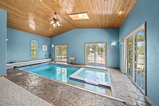 view of pool with a skylight and ceiling fan