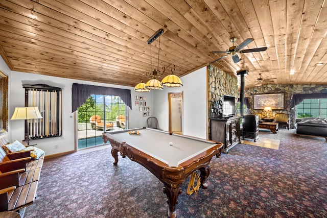 game room with billiards, a wood stove, lofted ceiling, and wooden ceiling