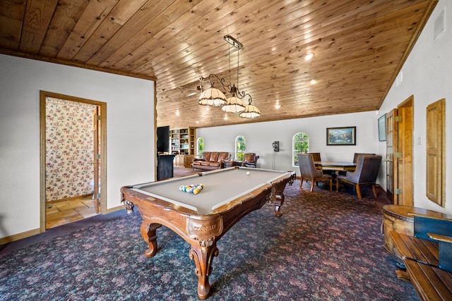 recreation room featuring lofted ceiling, crown molding, wood ceiling, and billiards