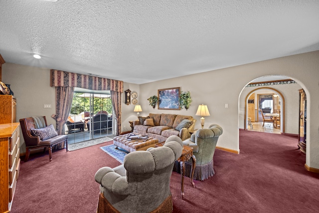 carpeted living room with a textured ceiling