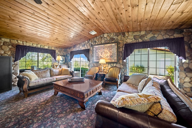 living room with wood ceiling, carpet flooring, and lofted ceiling