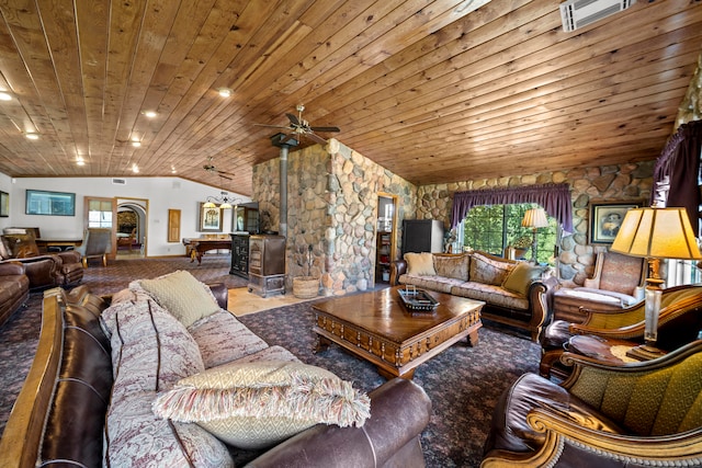 living room featuring vaulted ceiling, ceiling fan, and wooden ceiling