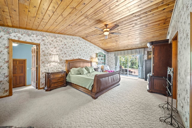 carpeted bedroom with vaulted ceiling, wood ceiling, access to outside, and ceiling fan