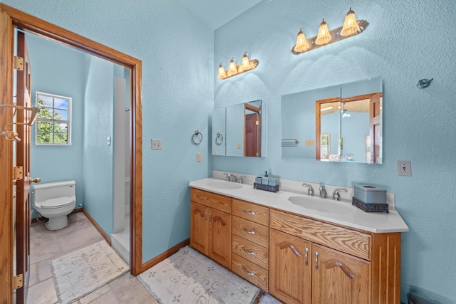 bathroom featuring a shower with door, vanity, and toilet