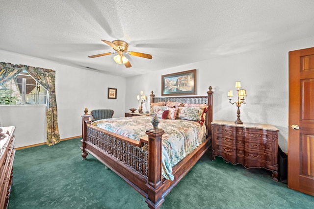 carpeted bedroom featuring a textured ceiling and ceiling fan