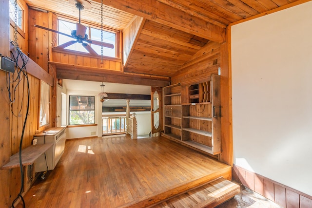 interior space with hardwood / wood-style floors, vaulted ceiling with skylight, ceiling fan, and wooden ceiling